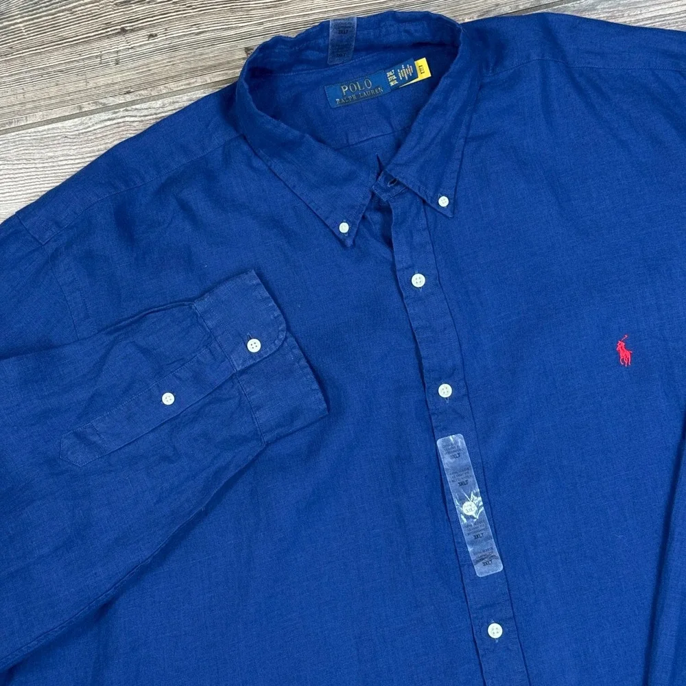 Polo Ralph Lauren Mens Size 3XLT Button Down Shirt Blue 100%  Linen Classic Fit